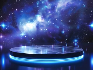 Futuristic Podium in Space: A High-Tech Stage for Product Display and Holographic Projection in the Galaxy