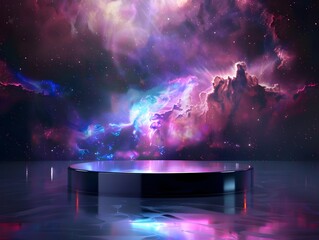 Futuristic Podium Against Ethereal Galaxy Nebulae - Innovative Product Display Stage