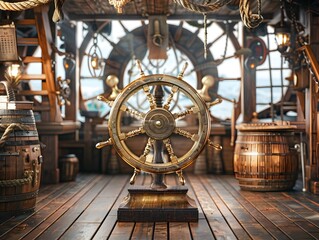 Obraz premium Pirate Ship Interior with Ornate Steering Wheel and Vintage Nautical Decor