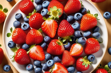 Obraz premium Ripe strawberries and blueberries on a white plate flatlay. Colorful berries on a light background close up