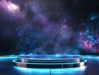 Futuristic Transparent Acrylic Podium: High-Tech Product Showcase in a Galactic Starry Background