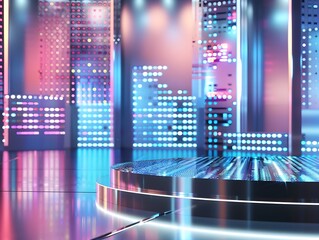 Modern TV Studio Empty Round Podium Set against a Neon City Skyline Backdrop