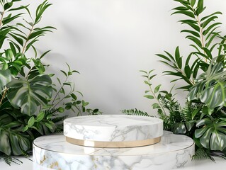 Fototapeta na wymiar Minimalist White Marble Podium with Gold Accents and Lush Greenery - Ideal for High-End Product Presentations