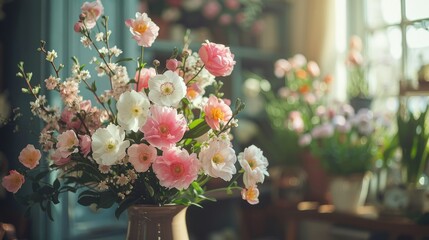  A vase overflowing with vibrant pink and white blooms sits atop a table, adjacent to a verdant potted plant, framed by a window