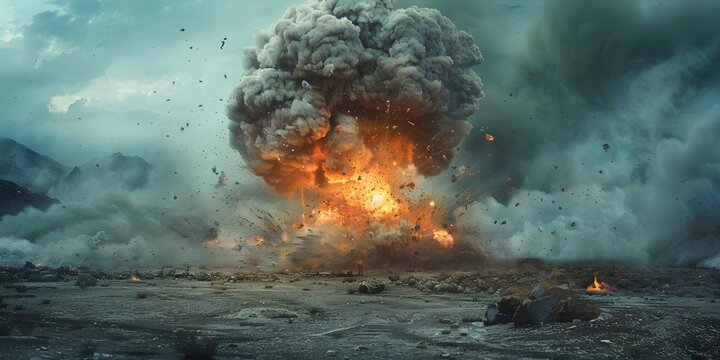 Devastating fallout and destruction from powerful nuclear detonation in barren landscape. Concept Apocalyptic aftermath, Nuclear disaster, Barren wasteland, Fallout devastation, Survival struggle