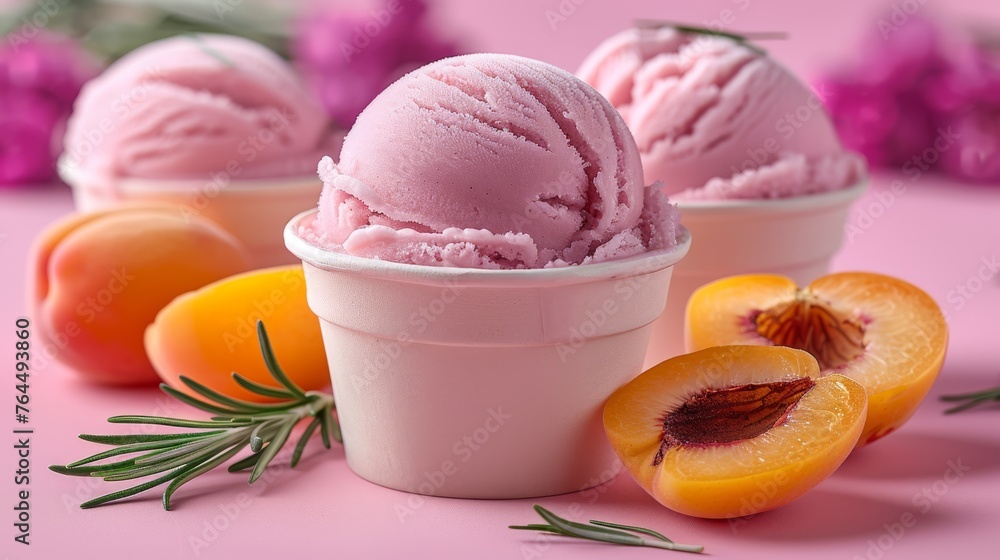 Poster a few scoops of ice cream resting atop a table alongside oranges and grapefruit