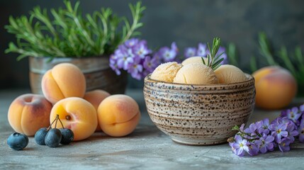 Obraz na płótnie Canvas A photo of a close-up bowl of ice cream, adorned with peaches and blueberries, set against a serene backdrop of lavender flowers