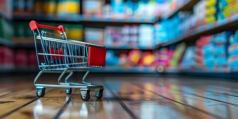 A vibrant blurred image of a red shopping cart in the aisle of a supermarket surrounded by a variety of brightly colored products - obrazy, fototapety, plakaty