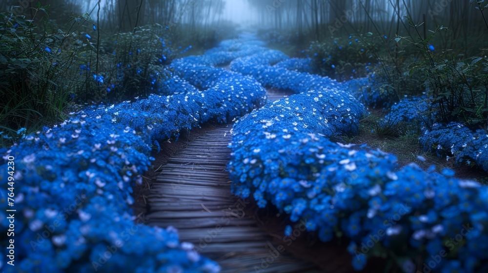 Poster a blue-flowered path through a forest, flanked by trees on each side