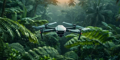 Fototapeten Aerial Drone Capturing Lush Tropical Jungle Landscape from Elevated Perspective for Nature Photography and Videography © Bussakon