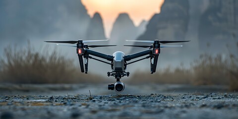 Aerial Drone Soaring Over Stunning Mountainous Landscape at Sunset with Copy Space - obrazy, fototapety, plakaty