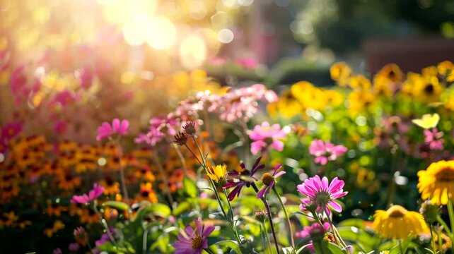 Scene of various kinds of flowers in the garden with a blurry background, animated virtual repeating seamless 4k	