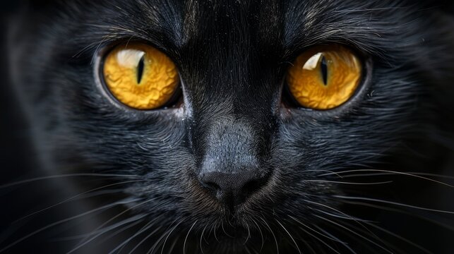 A photo of a black cat, showing its face in close detail with prominent yellow eyes and visible whiskers
