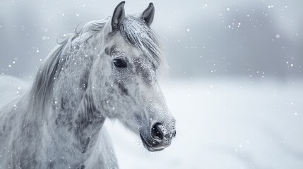  White stallion in snow, head turned sideways, eyes open - obrazy, fototapety, plakaty
