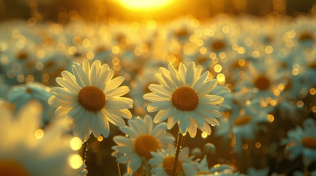  A photo of white daisies growing in a field, illuminated by the sun behind cloudy skies