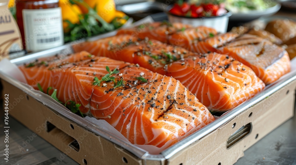 Poster a macroscopic photograph capturing a container of fish positioned atop a table surrounded by additio