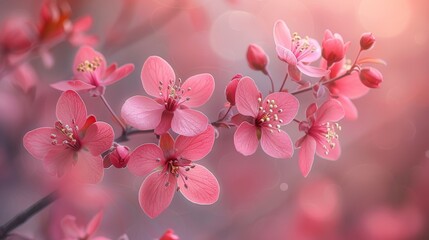 A close-up of pink flowers on a branch with blurry lights in the backdrop and a bokeh of pink flowers in the foreground
