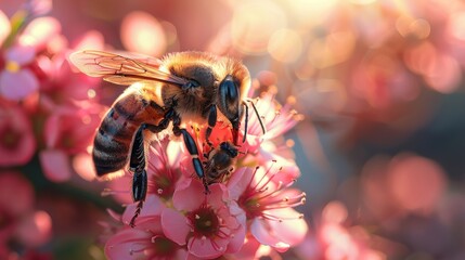  A bee on a pink flower with a blurry background