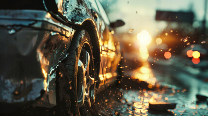 Damaged Car Sitting in Rain - obrazy, fototapety, plakaty