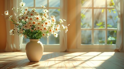  A vase with many white flowers on hardwood floor, near windows - obrazy, fototapety, plakaty