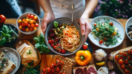 Delicious homemade pasta dish in a cozy home setting. healthy eating concept with fresh ingredients. ideal for recipe blogs and cooking guides. AI - obrazy, fototapety, plakaty