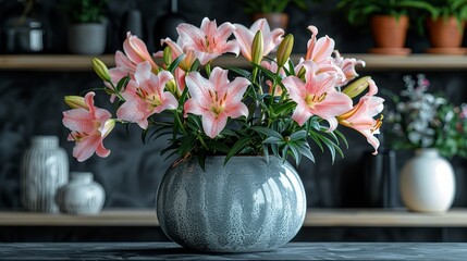  A vase brimming with pink lilies atop a table, near a wall of pottery