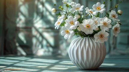  A white vase filled with white flowers sits atop a green table, near the window