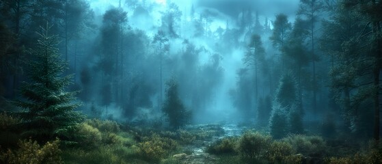 Foggy Mystical Forest. Illustration On The Theme Of Nature And Mysticism, Travel And Nature.   Generative AI	
