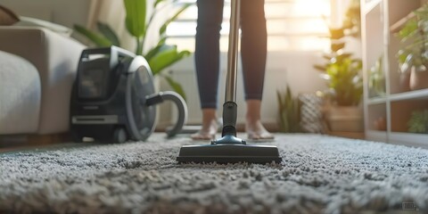 Professional Woman Demonstrates Carpet Cleaning with Vacuum Cleaner in Contemporary Apartment. Concept Cleaning Tips, Home Maintenance, Professional Demonstrations, Modern Living, Household Chores