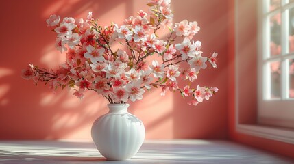  A white vase with pink flowers on a table, against a pink wall with a shadowed window