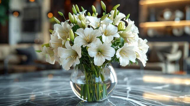  White flowers in a vase on a marble counter, beside a water-filled glass vase