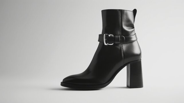  of sleek black leather ankle boots, featuring stacked heels and chic buckle accents, adding an edge to any outfit against a solid white backdrop. 