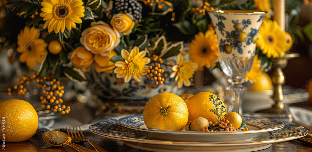 Poster a macro photo of a platter of fruits on a table surrounded by various decorative elements