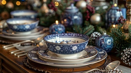 Fototapeta na wymiar A blue and white Christmas table setting with pine cones, pine cones, pine cones, pine cones, pine cones, pine cones, pine cones, pine cones