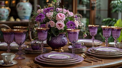 Obraz na płótnie Canvas A wooden table adorned with purple and gold dishware, vases brimming with purple blooms, and candlesticks adding a warm glow