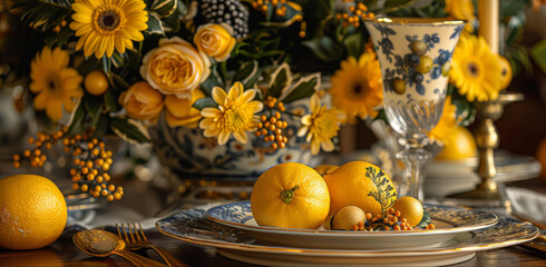  A macro photo of a platter of fruits on a table surrounded by various decorative elements