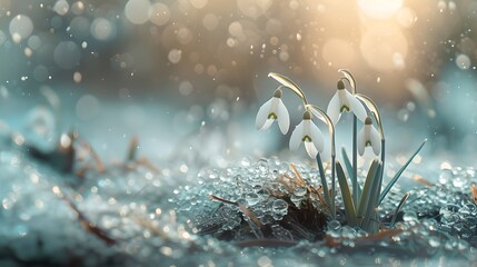 Gentle snowdrops emerging through melting snow. Early signs of spring. Serene, calm nature scene for peaceful themes. Perfect for backgrounds or wallpapers. AI