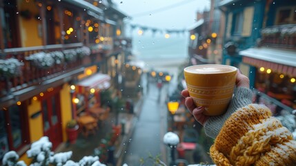  A snowy street scene with a person sipping coffee Buildings and lights are visible in the background