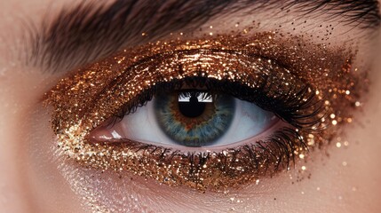  A blue eye with gold-glittered lashes and eyeliner in close detail - obrazy, fototapety, plakaty