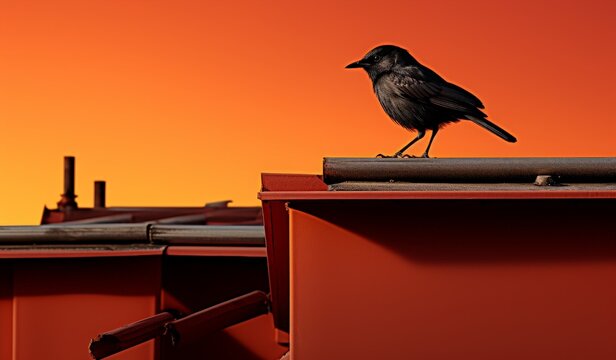 Bird perching on roof of beach hut at sunrise.