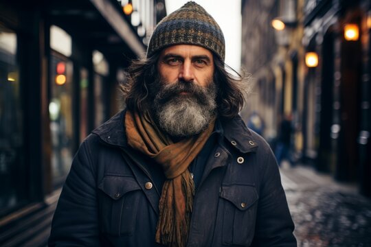 Handsome bearded man with long gray beard and moustache in the city