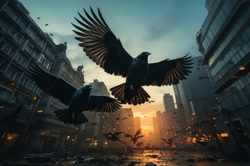 Birds, flying in the foggy morning city among the modern high buildings.