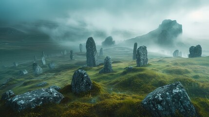 Mystical Stones in Misty Landscape