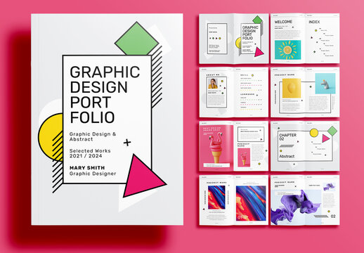 Minimalist Graphic Design Portfolio Layout Template with Green Pink and Yellow Accents