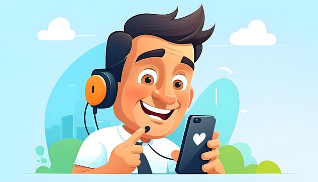 A cartoon man holding a smartphone with a surprised expression on his face