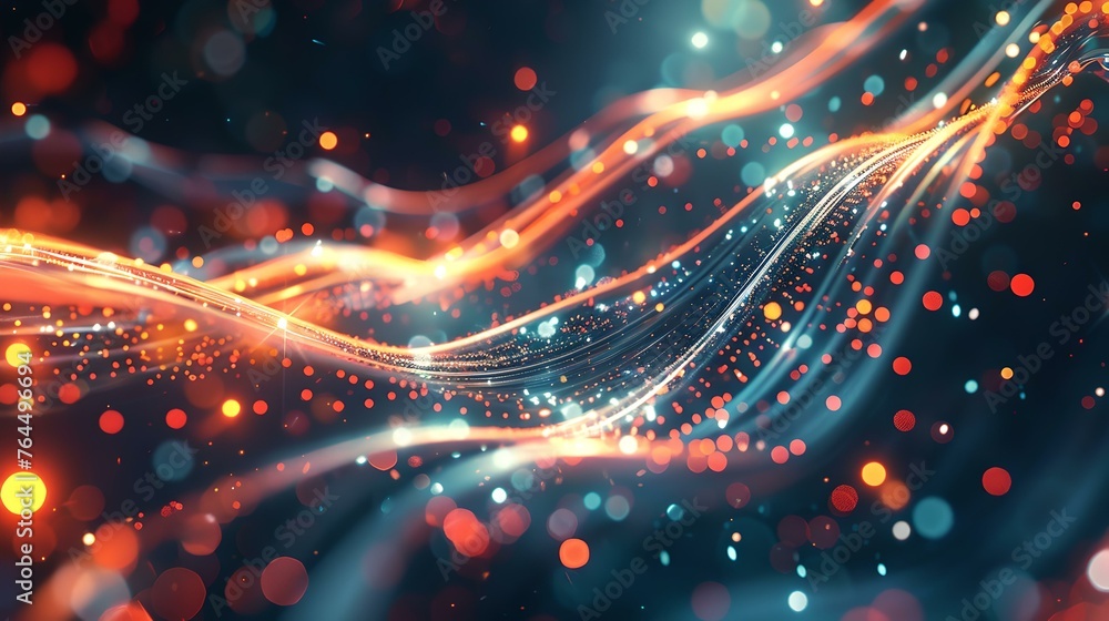 Poster abstract glowing lines and particles flow on dark background. dynamic light streaks with bokeh. conc