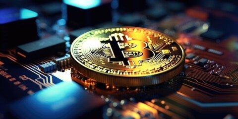 Gold coin with letter B on it is sitting on circuit board