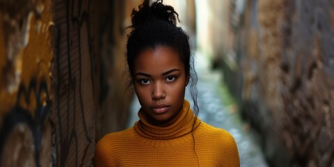 Woman wearing yellow sweater stands in narrow alleyway