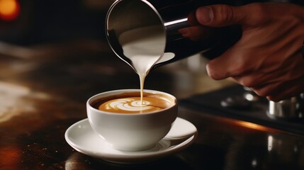 Person is pouring milk into coffee cup