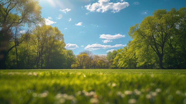 Lush green field with trees in background and clear blue sky